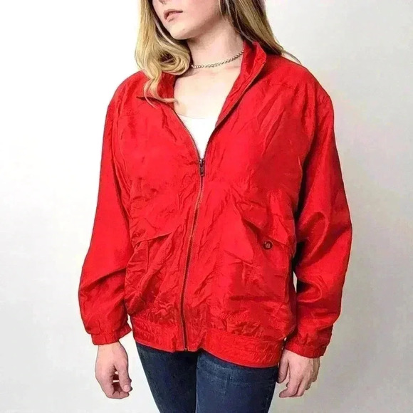 Vintage 90s Red Ac-Tiv-Ology ALL SILK Windbreaker Jacket - M - Picture 1 of 10